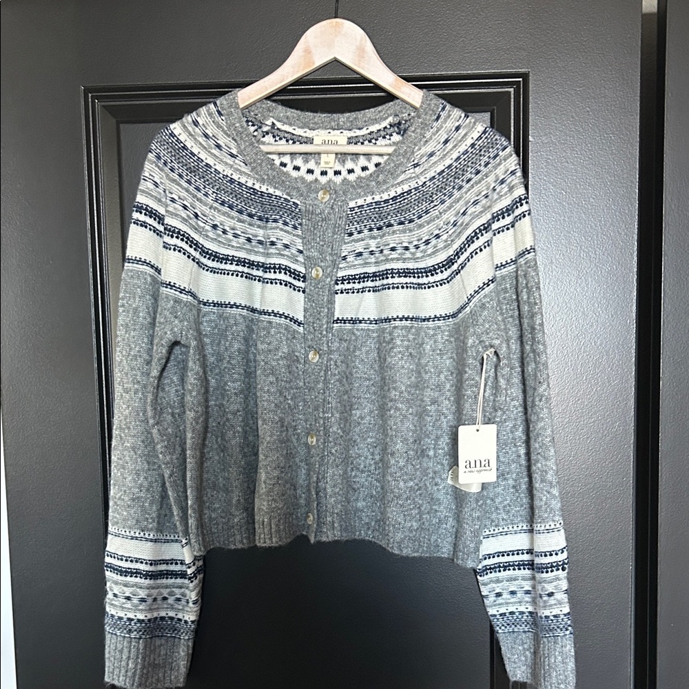 a.n.a Blue and Gray Women's fair isle Cardigan large NWT